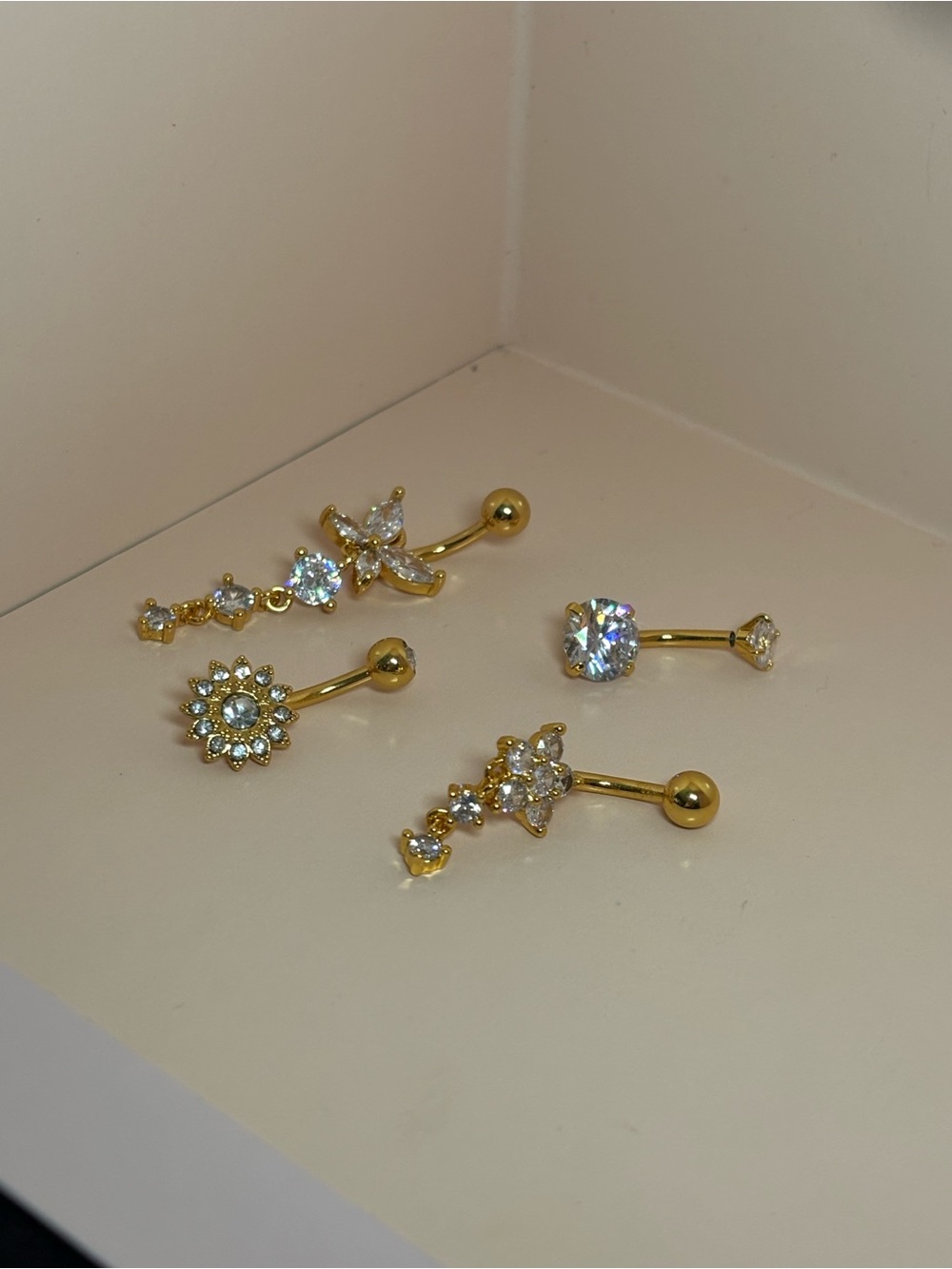 3 - Gold Crystal Belly Button Ring Set - Dazzling Clear Gem Accents